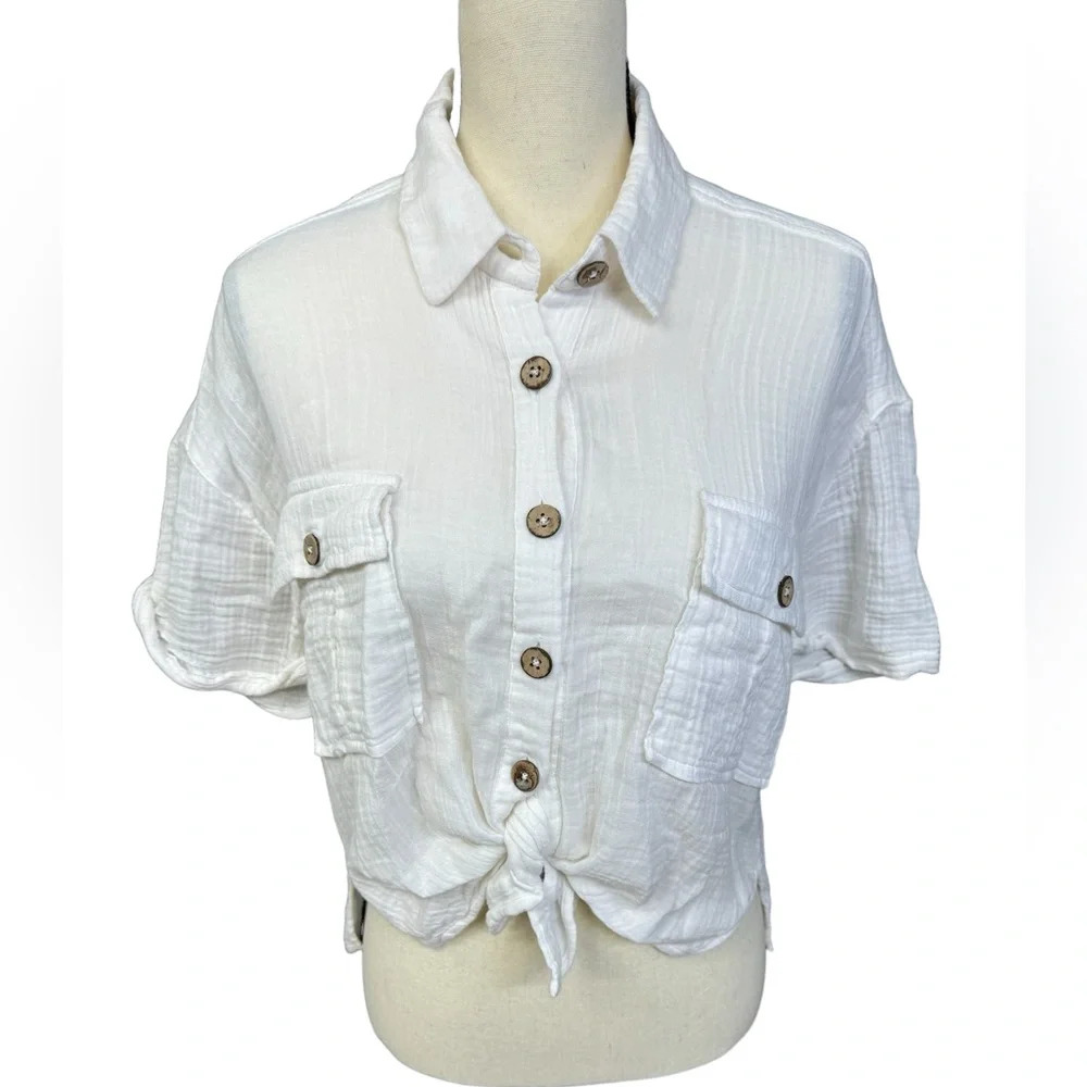 Free People 100% Cotton Tie-Front Button Up Top Size Small